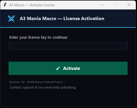 A3 Mania Macro license activation screen